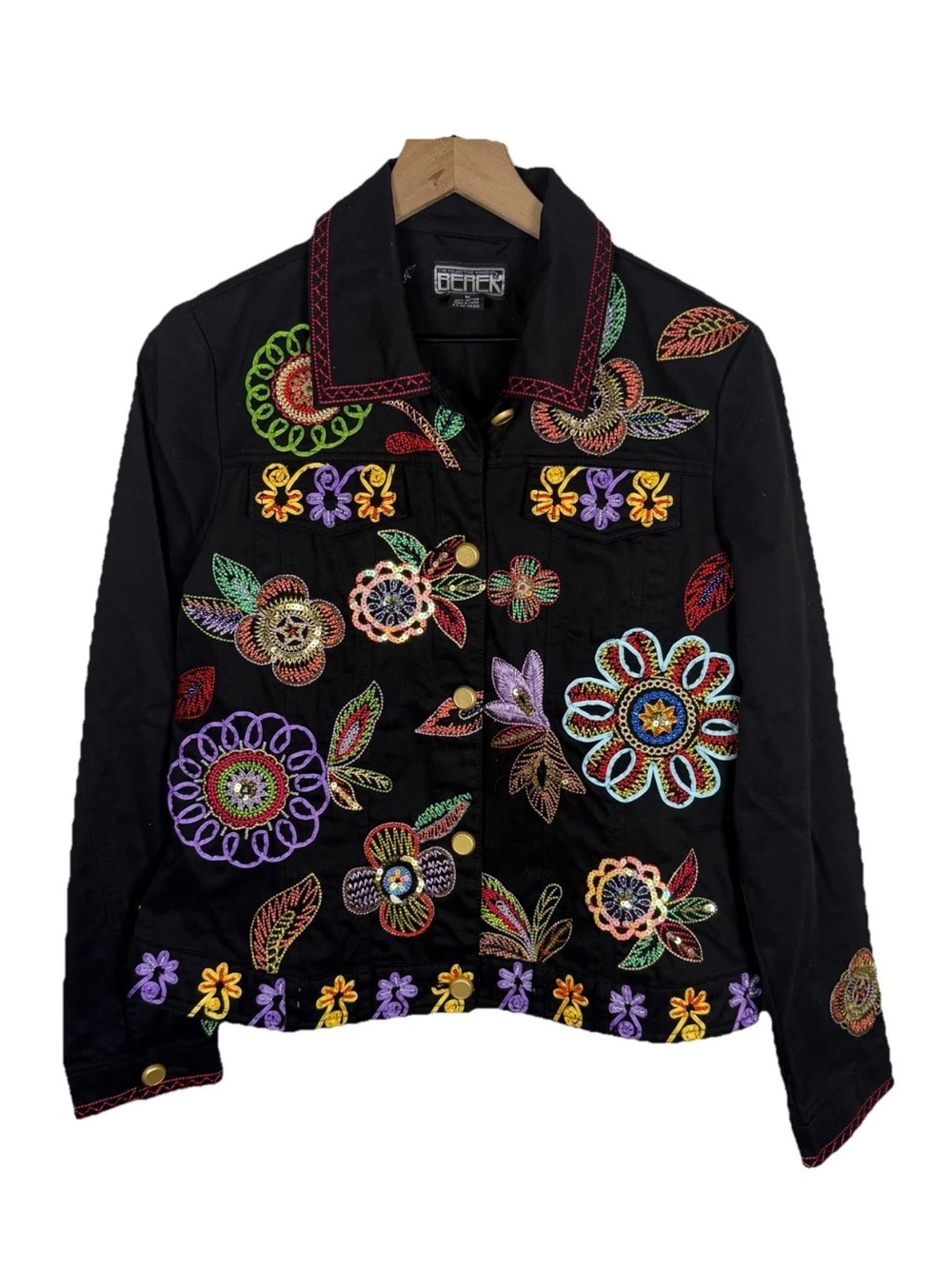 Vintage Berek Embroidered Jacket Med Black Floral Sequin Boho Wearable Art Y2K